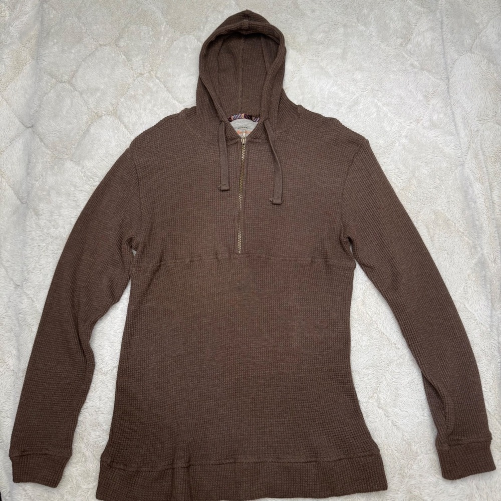 Weatherproof Vintage Mens XL Brown Waffle Knit Hoodie 1/4 Zip Thermal Pullover